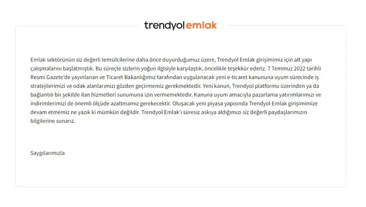 Trendyol Emlak, e-ticaret düzenlemesi nedeniyle açılmadan kapandı