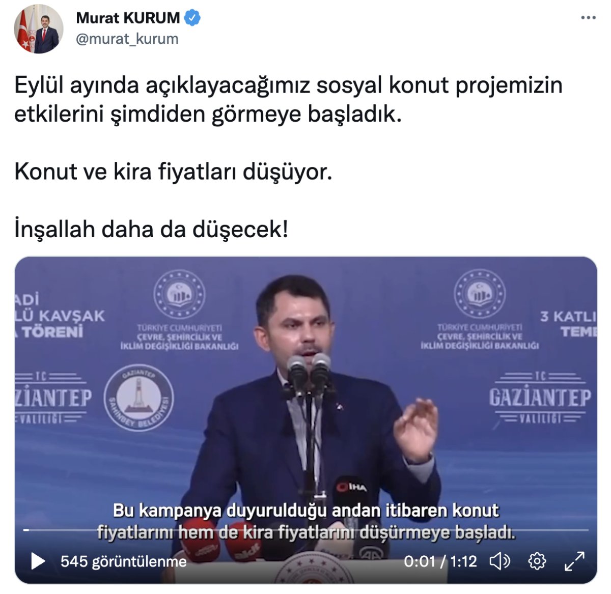  Murat Kurum: Kira ve konut fiyatları düşmeye başladı